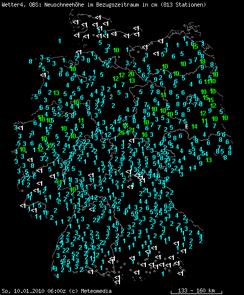 Auswahl höchste 24stündige Neuschneemengen in cm am Sonntag 10.01.2010, 7 Uhr MEZ