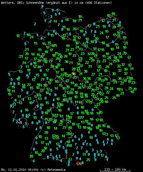 Auswahl Gesamtschneehöhen in cm am Montag, 11.01.2010, 7 Uhr MEZ