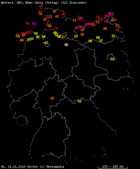 Auswahl höchste 24stündige Windböen bis Montag, 11.01.2010, 7 Uhr MEZ