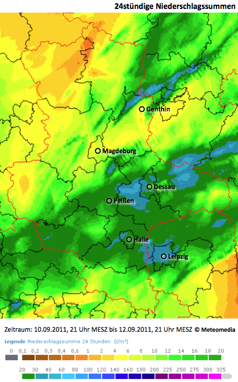 Hochaufgelöste Niederschlagssummenkarte vom 11.09.2011