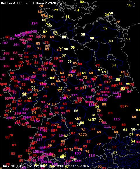 Auswahl der 6stündigen Spitzenwindböen vom 18.01.2007 bis 12 UTC