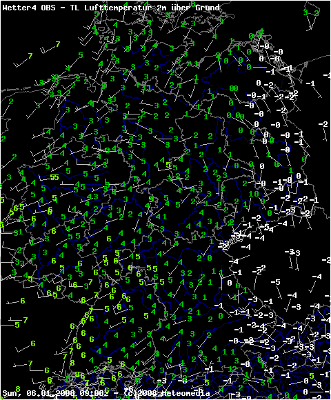 Lufttemperaturen und Windrichtungen