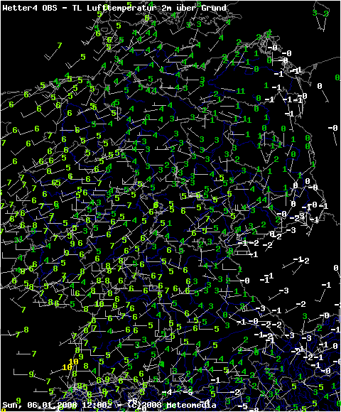 Lufttemperaturen und Windrichtungen