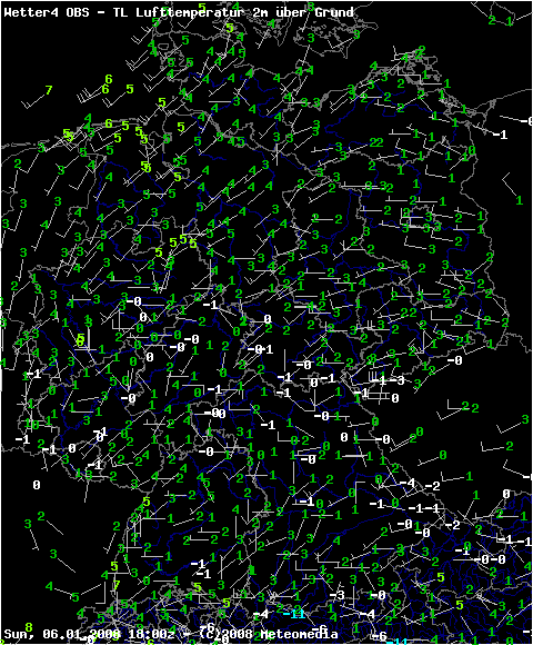 Lufttemperaturen und Windrichtungen