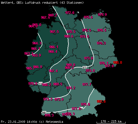 niedrigster Luftdruck bei Sturmtief JORIS am 23.01.2009, 15 Uhr MEZ