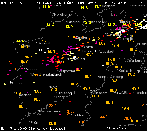 Gewitterfront über Nordrhein-Westfalen und Temperaturen am 07.10.2009 um 23 Uhr MESZ