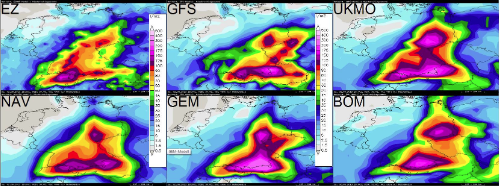 Vergleich Vorhersagemodelle vom 30.05.2013, 08 MESZ: 90stündige Niederschlagssummen bis 02.06.2013, 20 MESZ aus dem MeteoGroup-Redaktionssystem