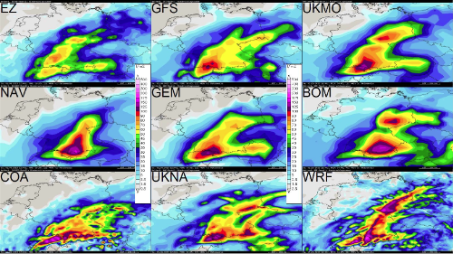 Vergleich Vorhersagemodelle vom 30.05.2013, 14 MESZ: 48stündige Niederschlagssummen bis 01.06.2013, 14 MESZ aus dem MeteoGroup-Redaktionssystem