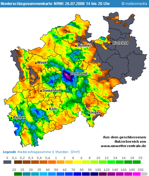 6stündige Niederschlagssummenkarte Nordrhein-Westfalen
