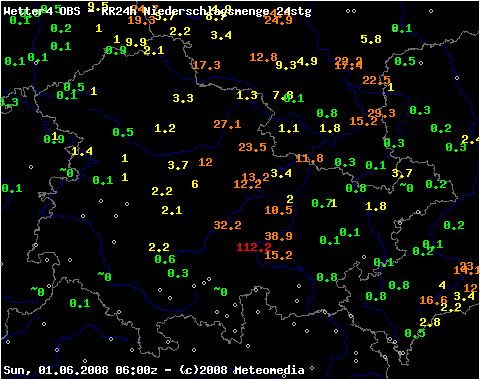 24stündige Niederschlagsmengen Thüringen