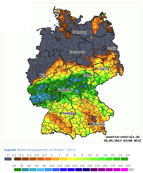 Niederschlagssummenkarte Login-Bereich Unwetterzentrale, 24stündige Summen