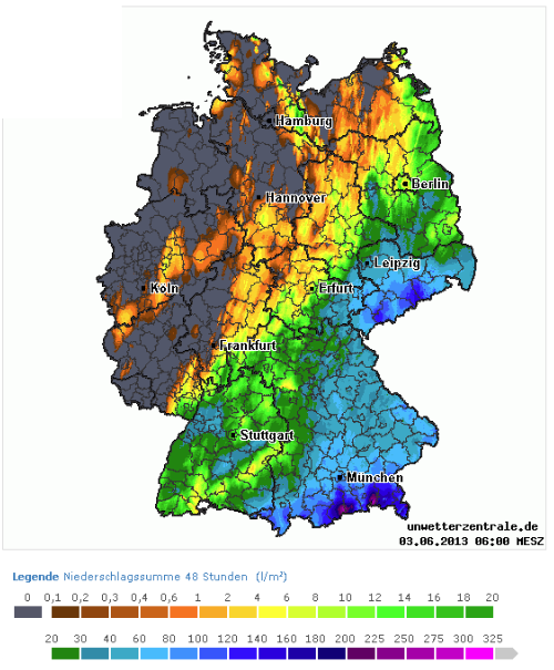 Niederschlagssummenkarten Login-Bereich Unwetterzentrale, 48stündige Summen Deutschland 01.06.2013, 6 Uhr bis 03.06.2013, 6 Uhr MESZ