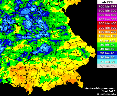 Niederschlagssummenkarte Juni 2005