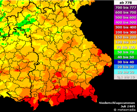 Niederschlagssummenkarte Juli 2005