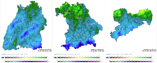 Niederschlagssummenkarten Login-Bereich Unwetterzentrale, 48stündige Summen von Baden-Württemberg, Bayern und Sachsen 31.05.2013, 7 Uhr bis 02.06.2013, 7 bzw. 8 Uhr MESZ