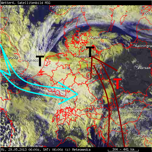 VIS-Satellitenbild (sichtbarer Kanal des Satelliten, der alles sieht, was von der Sonne angestrahlt wird) vom 29.05.2013, 8 Uhr MESZ aus dem MeteoGroup-Redaktionssystem.