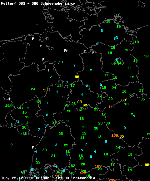 Schneehöhen am 25.12.2001