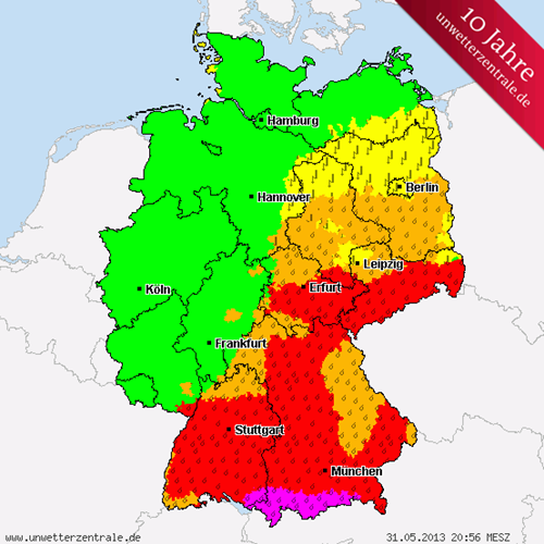 Warnkarte der Unwetterzentrale vom 31.05.2013, 20:56 Uhr MESZ