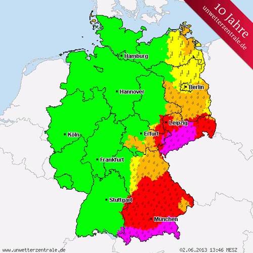 Warnkarte der Unwetterzentrale vom 02.06.2013, 13:46 Uhr MESZ