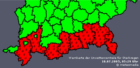 Warnkarte der Unwetterzentrale für Starkregen