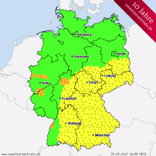 Warnkarte der Unwetterzentrale vom 29.05.2013, 18:58 Uhr MESZ