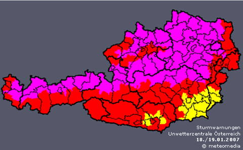 Warnlage KYRILL der Unwetterzentrale Österreich