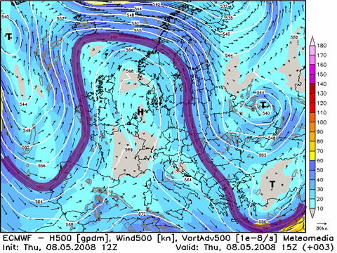 Höhenkarte (Wind und Geopotenzial) im 500 hPa-Niveau mit Einzeichnung des Omegas