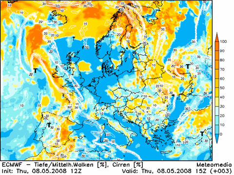 Wolkenbedeckung in Europa (nach Modell)