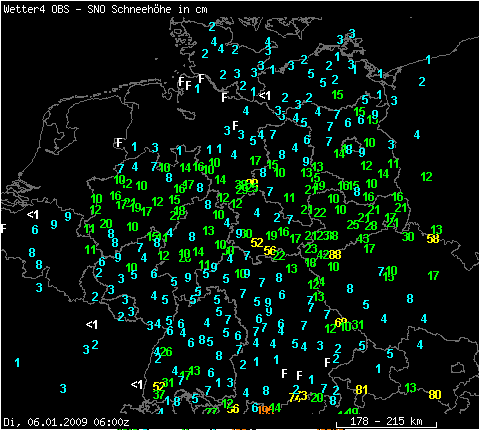 Auswahl von Neuschneehöhen vom 06.01.2009 um 7 Uhr MEZ