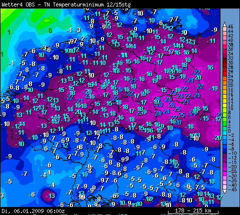 Auswahl von Tiefsttemperaturen vom 06.01.2009 bis 7 Uhr MEZ