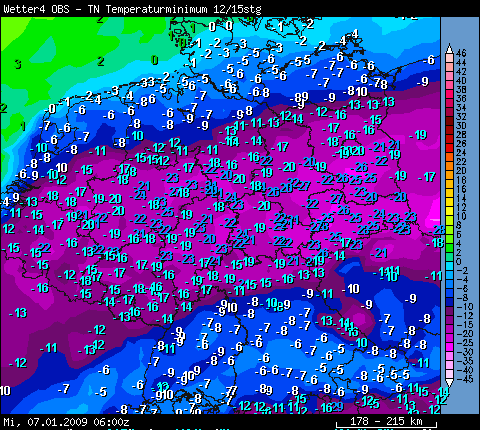 Auswahl von Tiefsttemperaturen vom 07.01.2009 bis 7 Uhr MEZ