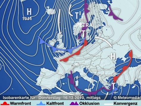 Abb. 1: Isobarenkarte mit PETRA I und II am Donnerstag, 16.12.2010