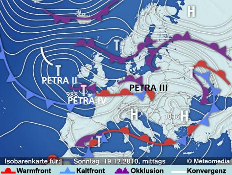 Isobarenkarte mit PETRA II, III und IV am Sonntag, 19.12.2010