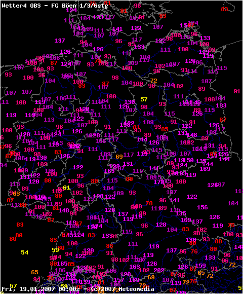 Auswahl der 6stündigen Spitzenwindböen vom 19.01.2007 bis 00 UTC
