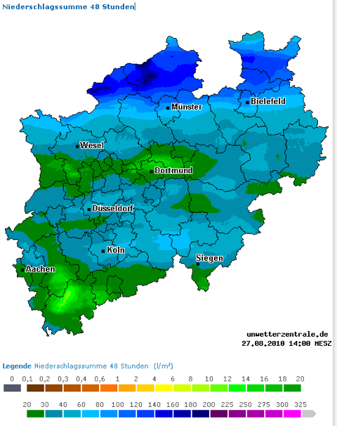 Niederschlagssummenkarte Nordrhein-Westfalen (Benutzerzugang Unwetterzentrale)
