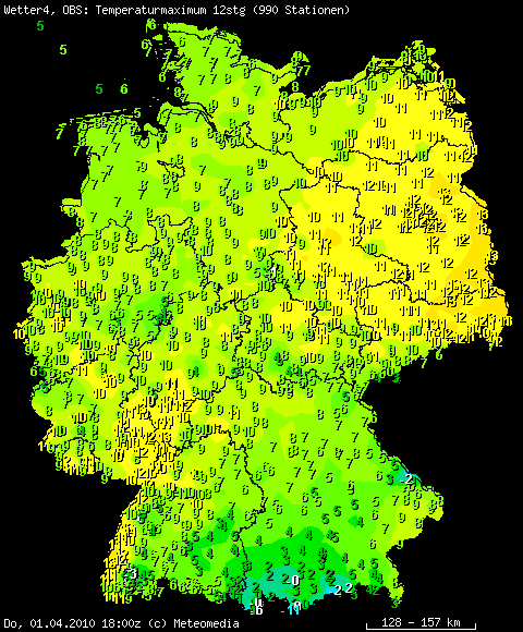 Auswahl der Tageshöchsttemperaturen (Messhöhe 2 m) am 01.04.2010