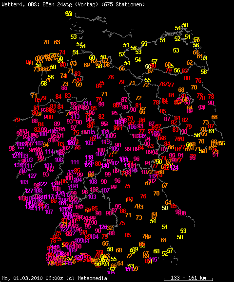 Auswahl 24stündige Spitzenböen Deutschland vom 28.02.2010