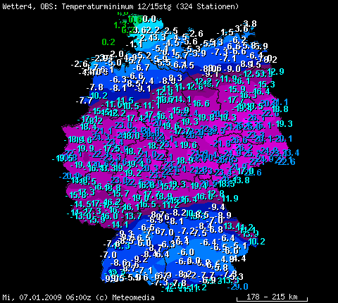 Auswahl Tiefsttemperaturen vom 07.01.2009, 07 Uhr MEZ