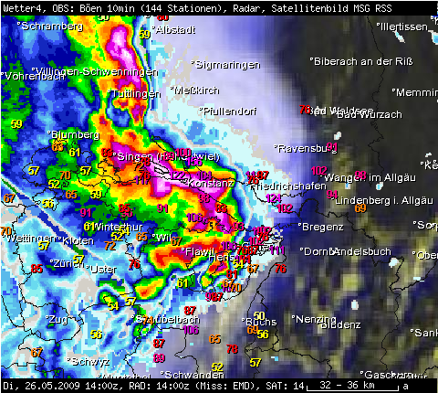 10minütige Spitzenböen am 26.05.2009, 16 Uhr MESZ mit Niederschlagsintensitäten (lila und v.a. weiß = Hagel) und Satellitenbild