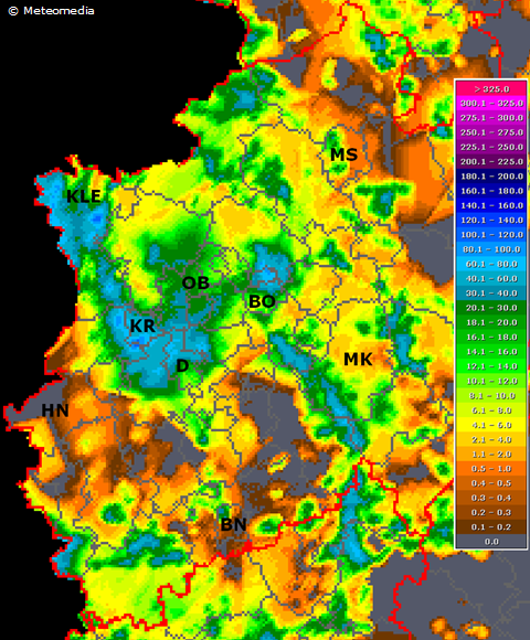 24stündige Niederschlagssummen vom 03.07.2009, 08 Uhr MESZ bis 04.07.2009, 08 Uhr MESZ