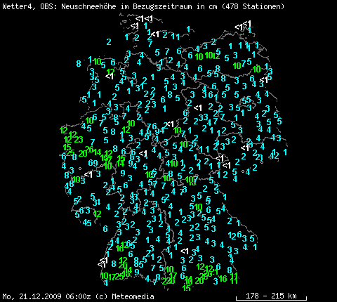 Auswahl 24stündige Neuschneemengen am 21.12.2009, 07 Uhr MEZ