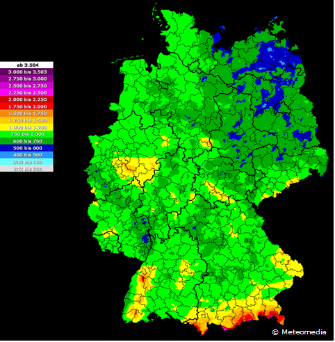 Jahresniederschlagssummenkarte 2009