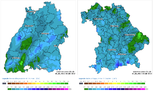 Niederschlagssummenkarten Login-Bereich Unwetterzentrale, 48stündige Summen von Baden-Württemberg und Bayern 30.05.2013, 7 Uhr bis 01.06.2013, 7 Uhr MESZ