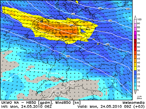 Wind in ca. 1500 Meter Höhe am 24.05.2010, 11 Uhr MESZ