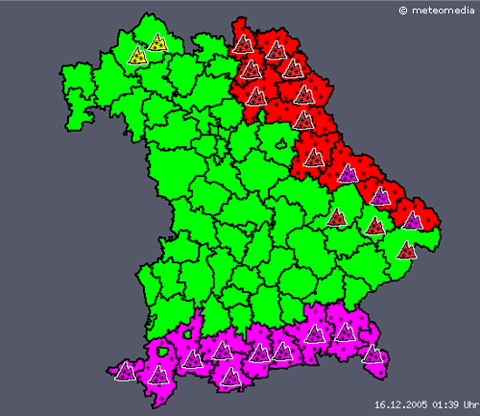 Warnkarte der Unwetterzentrale für Bayern (Starkschneefall)