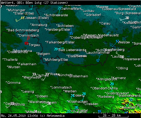 Windböen und Windrichtung am 24.05.2010, 15:00 Uhr MESZ