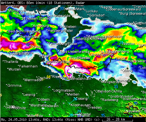 Windböen, Windrichtung und Radar am 24.05.2010, 15:40 Uhr MESZ