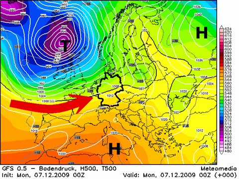 Großwetterlage in Europa am 07.12.2009 um 01 Uhr MEZ