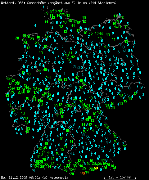 Auswahl Schneehöhen vom Montag, den 21.12.2009 um 7 Uhr MEZ