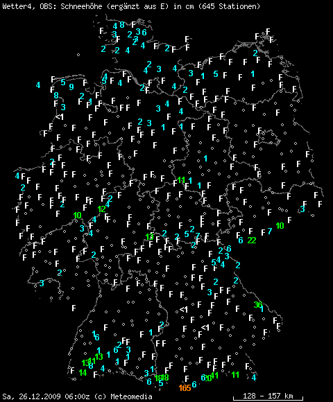 Auswahl Schneehöhen am Samstag, den 26.12.2009 um 7 Uhr MEZ